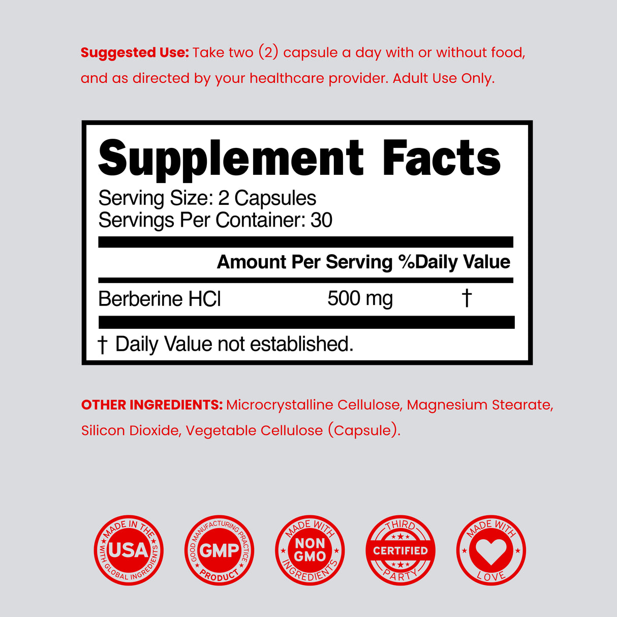 Berberine Supplement 500mg Per Serving (60 Capsules)