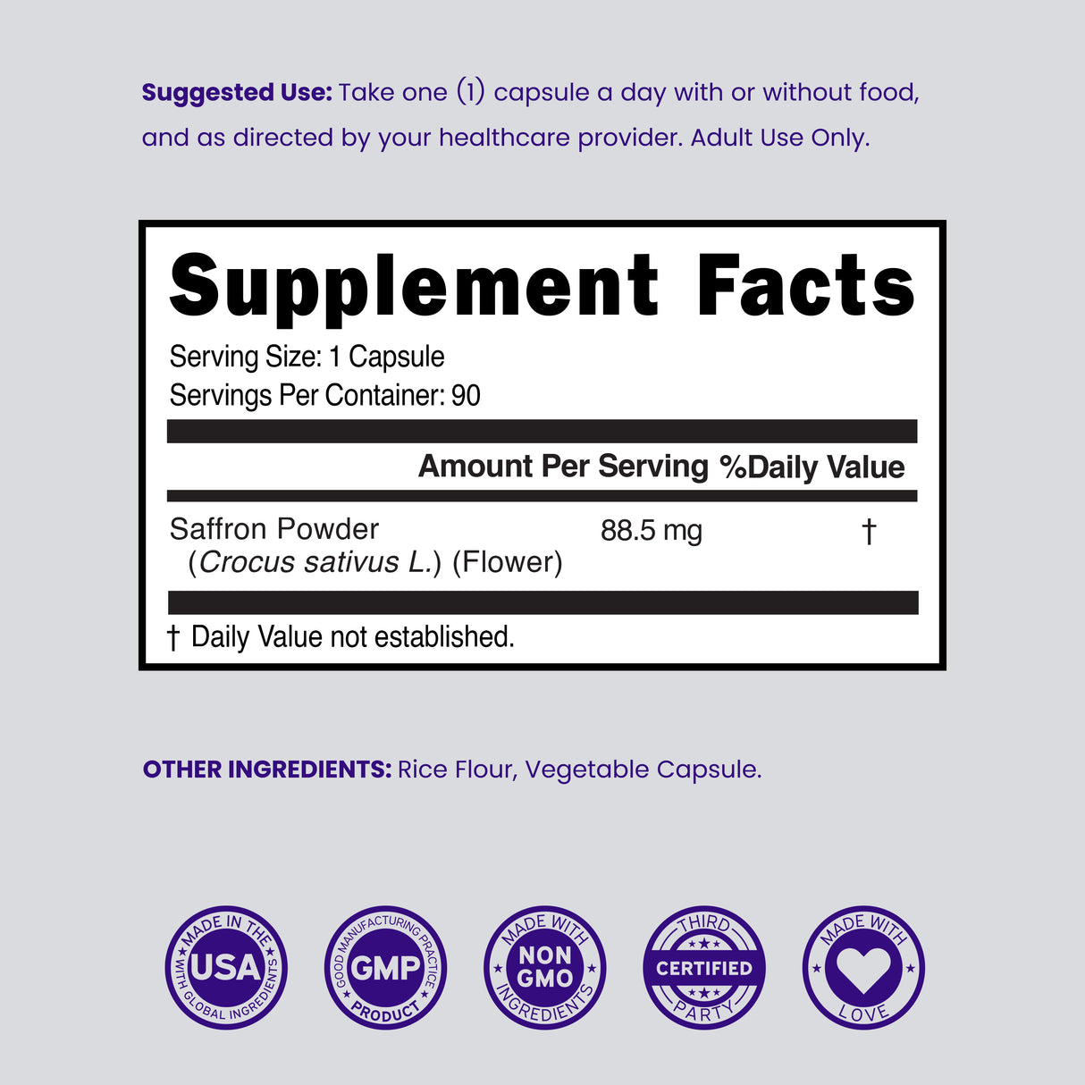 Saffron Flower Extract Supplement (90 Capsules) Women & Men