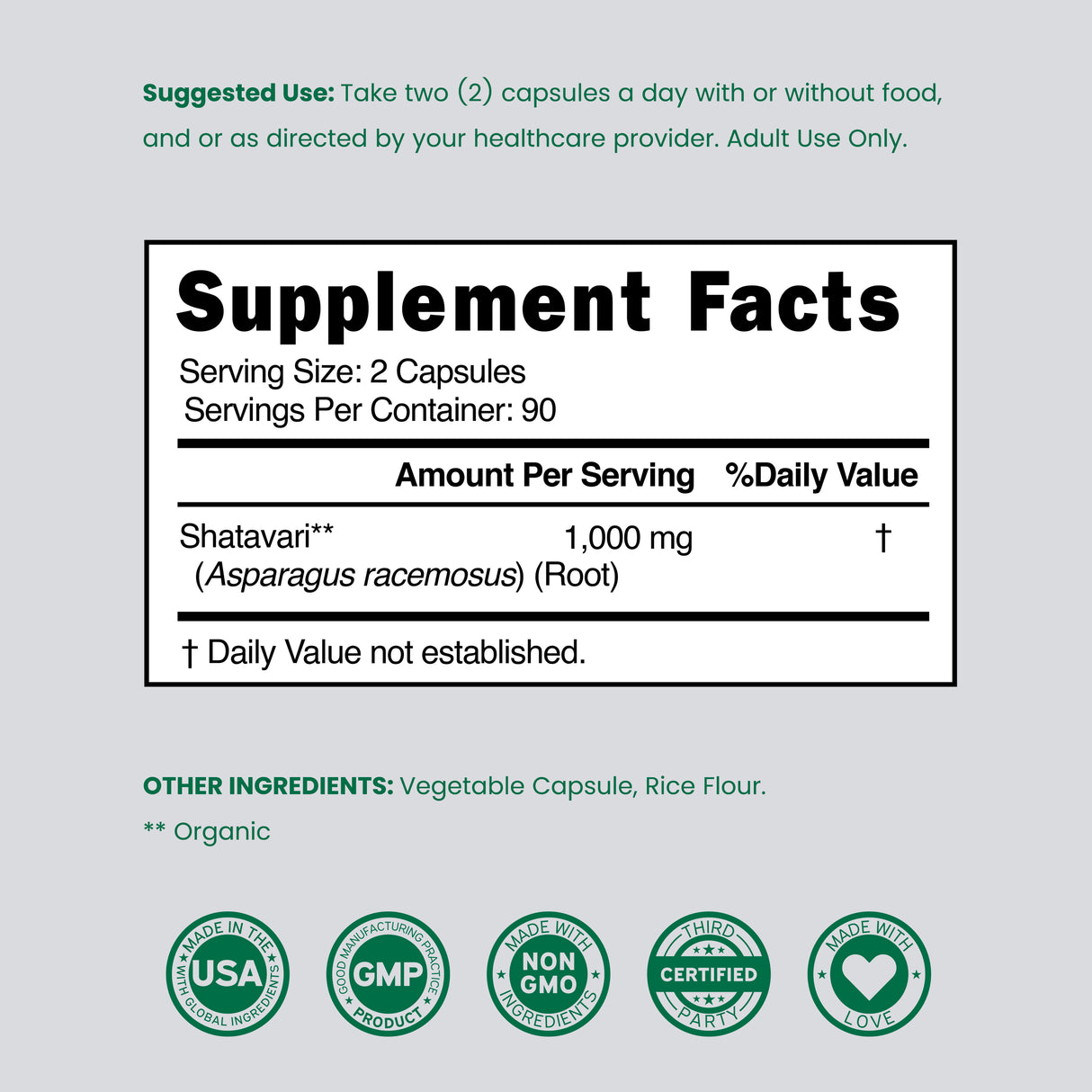 Organic Shatavari Capsules (180 Capsules)