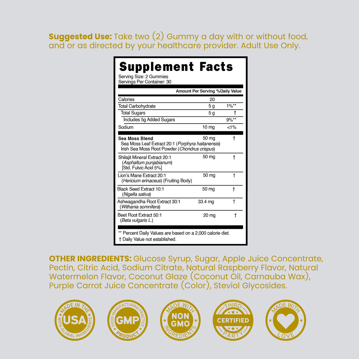 Shilajit Gummies with Sea Moss, Ashwagandha & Lions Mane - (60 Gummies)
