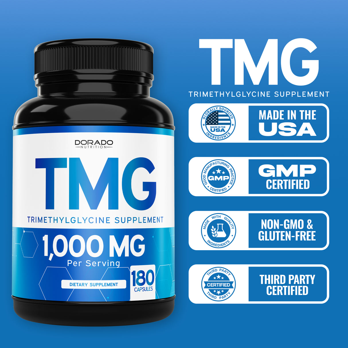 TMG Trimithylglycine Supplement (180 Capsules) for Women & Men