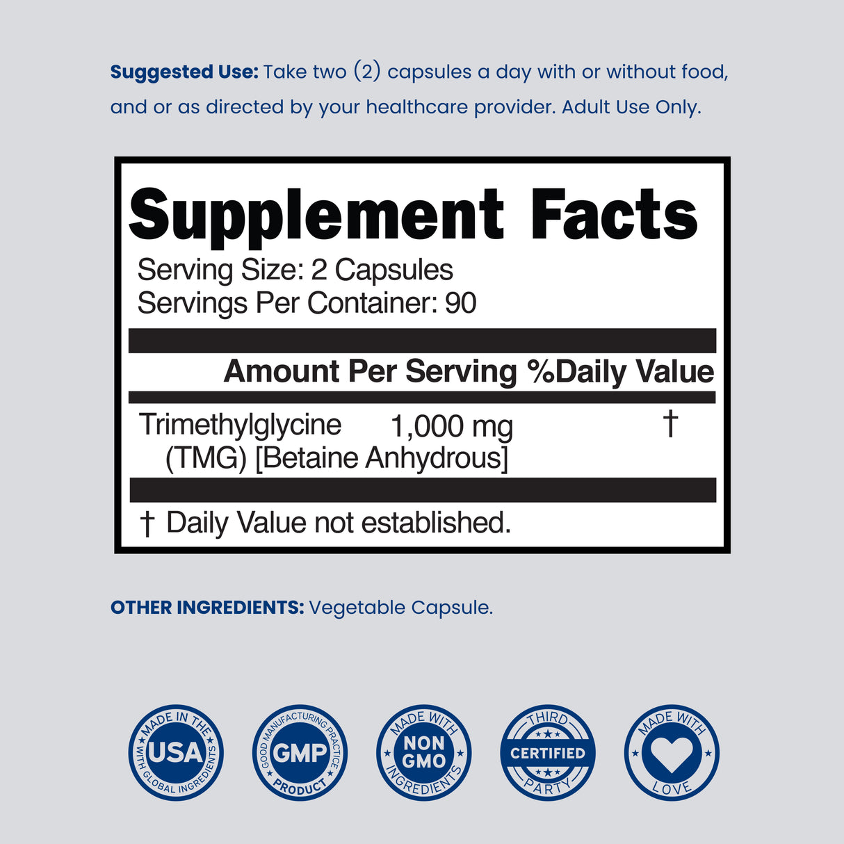 TMG Trimithylglycine Supplement (180 Capsules) for Women & Men