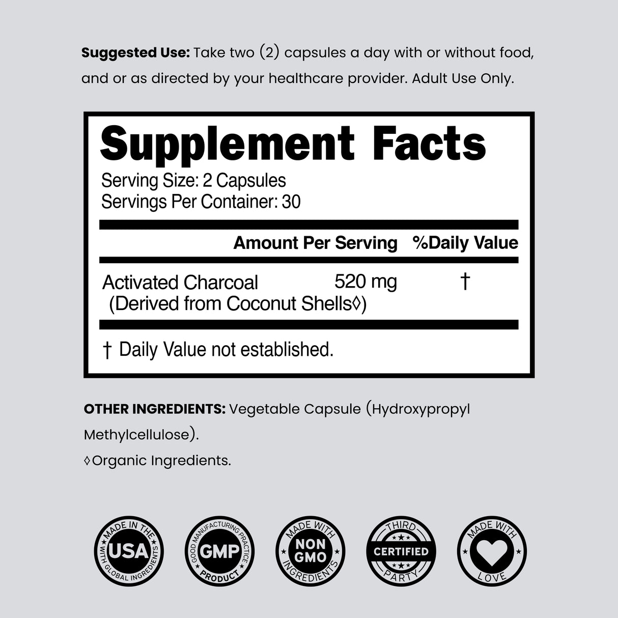 Organic Activated Charcoal Pills (120 Capsules)