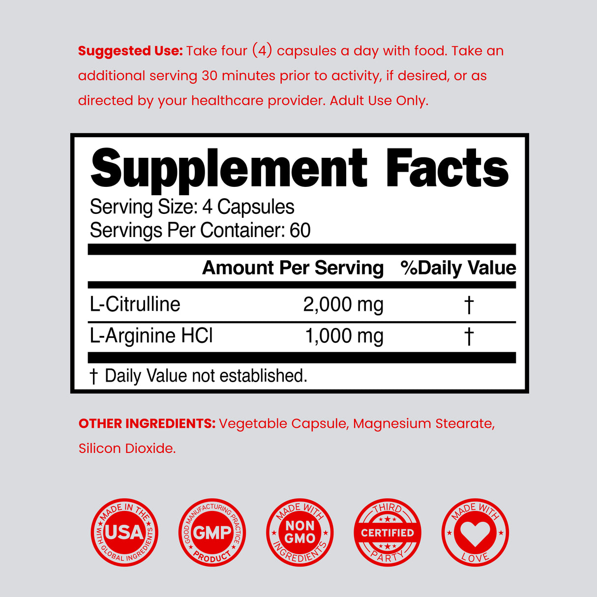 L Arginine L Citrulline 3000mg Supplement (240 Capsules)