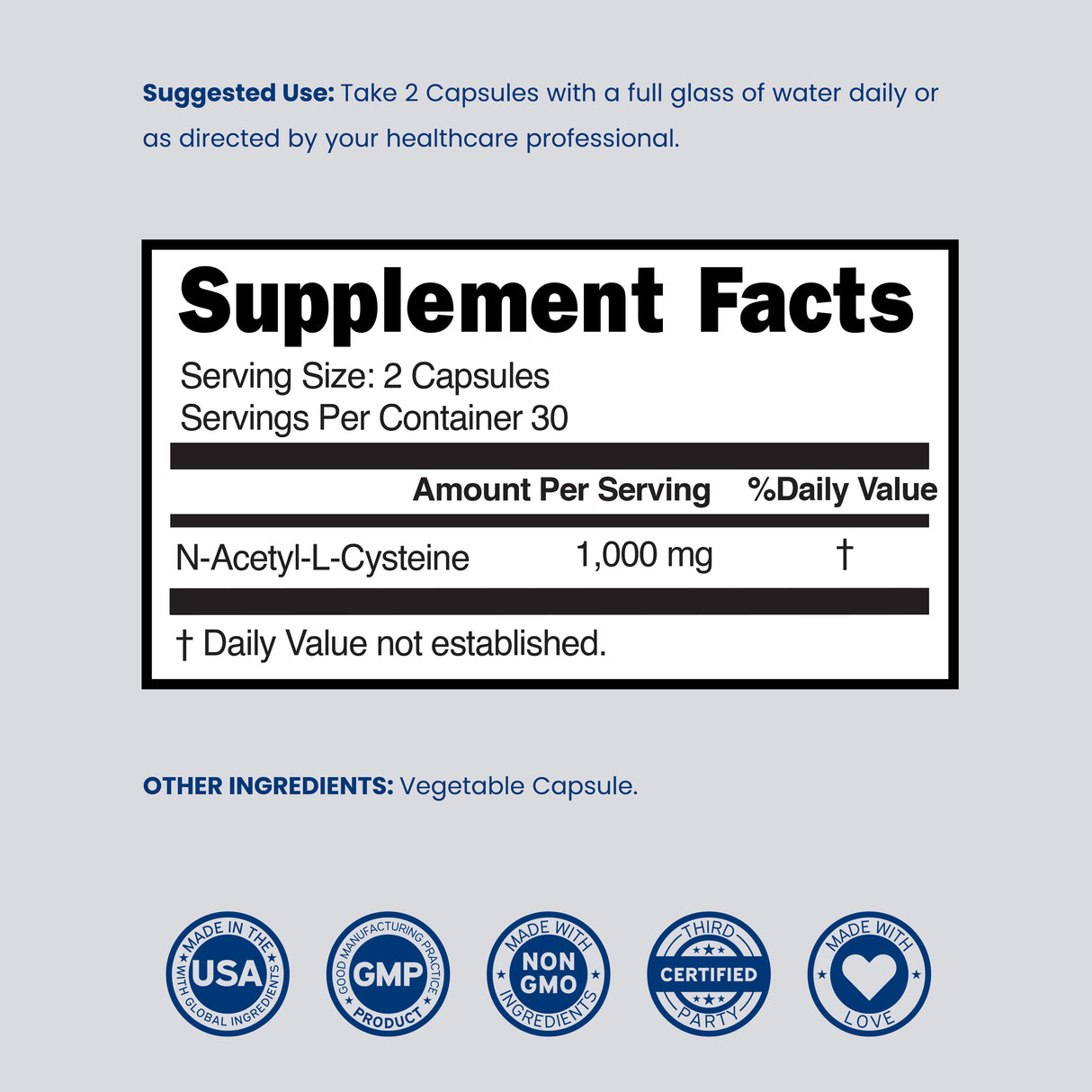 NAC Supplement (60 Capsules, 1000mg Per Serving) for Men and Women