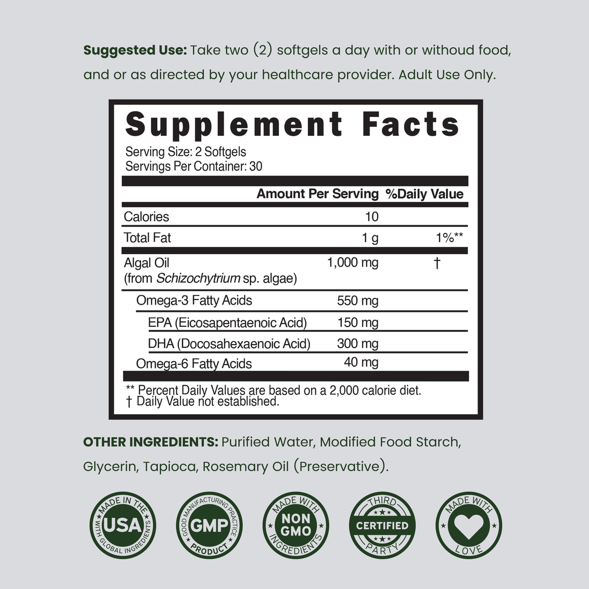 Vegan Omega 3 Algae Oil (60 Softgels)