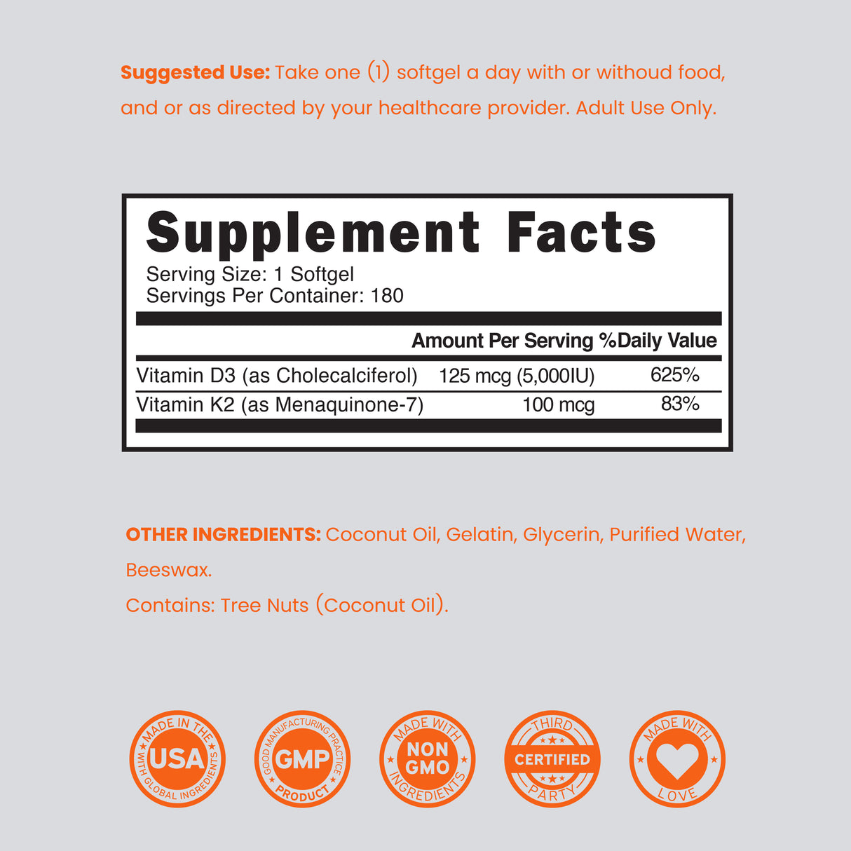 Vitamin D3 K2 Supplement (180 Softgels)